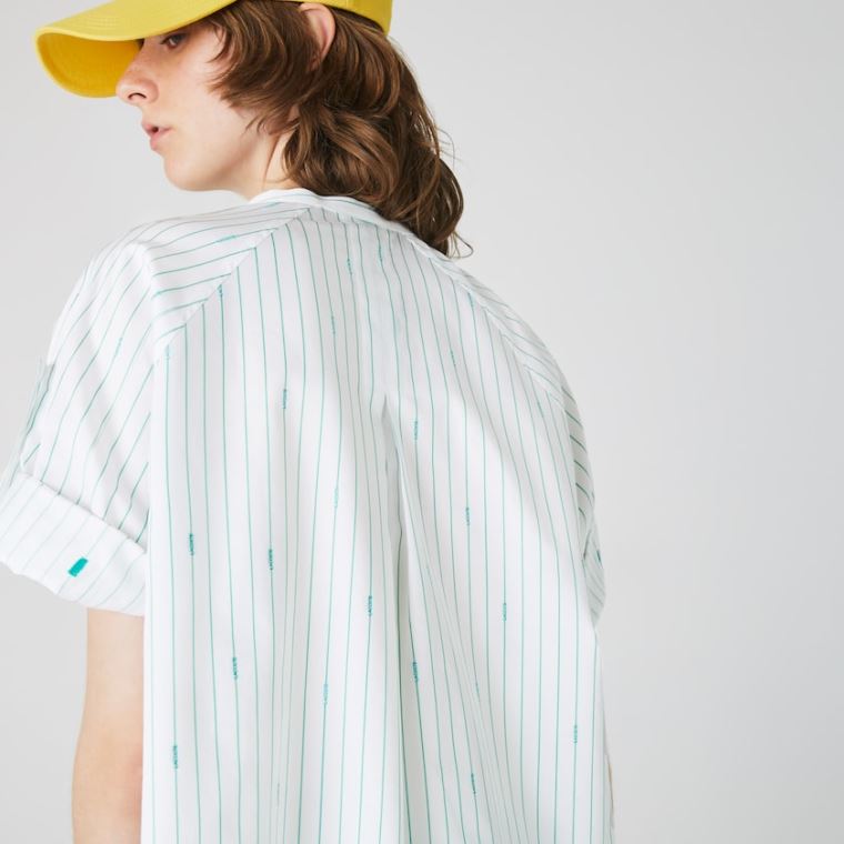 Lacoste Oversized Mao Collar Striped Bomull Poplin Blouse Hvite Grønn | DmJqLxiN