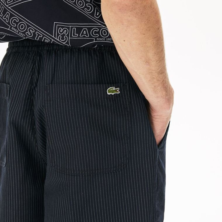 Lacoste Pinstriped Linen- Blend Bermuda Shorts Marineblå Blå Hvite | y4PaG0PC