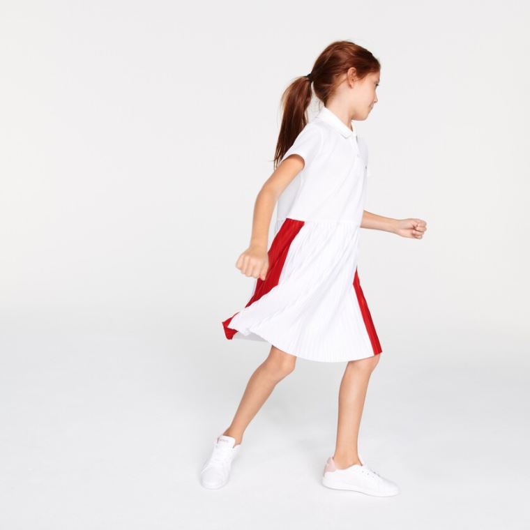 Lacoste Pleated Lette Bomull Piqué Polo Kjoler Hvite Rød | EAVm2nRh