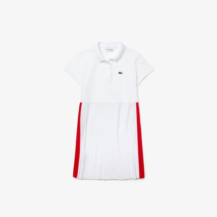 Lacoste Pleated Lette Bomull Piqué Polo Kjoler Hvite Rød | EAVm2nRh