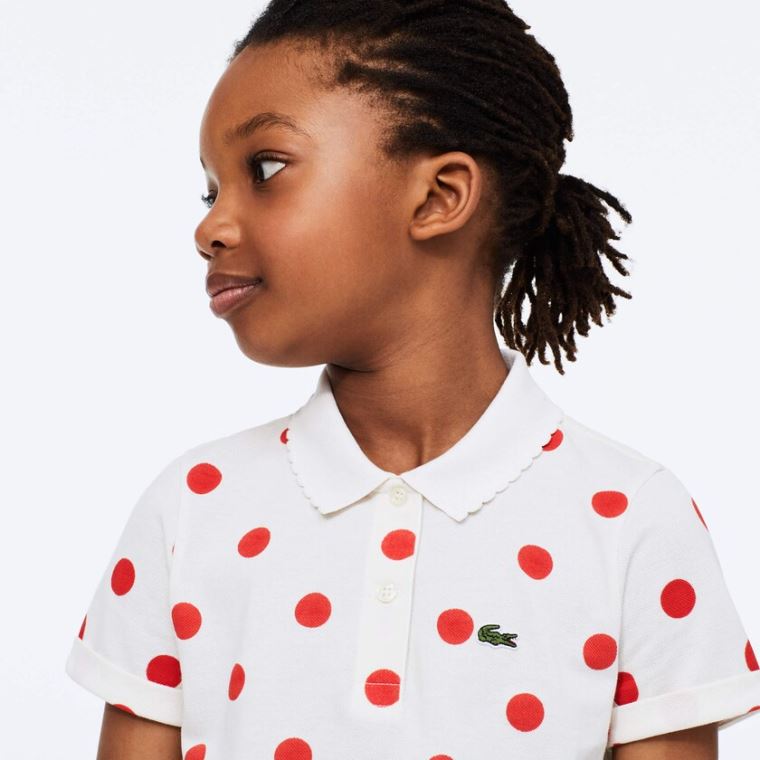 Lacoste Polka Dot Scalloped Collar Bomull Petit Piqué Polo Hvite Rød | RhWEsDdz