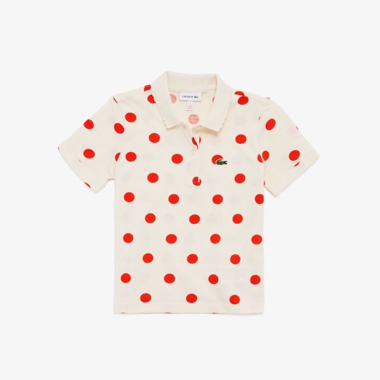 Lacoste Polka Dot Scalloped Collar Bomull Petit Piqué Polo Hvite Rød | RhWEsDdz