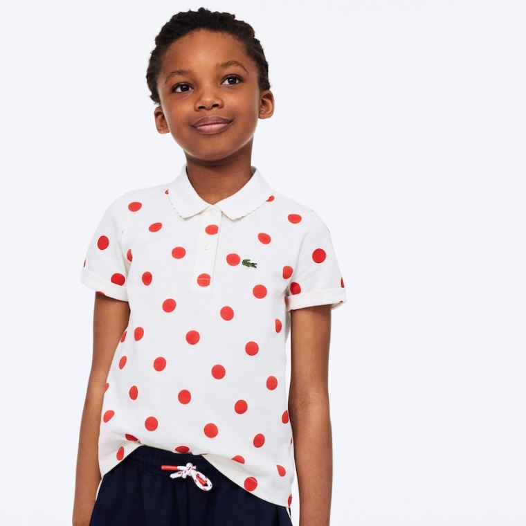 Lacoste Polka Dot Scalloped Collar Bomull Petit Piqué Polo Hvite Rød | RhWEsDdz