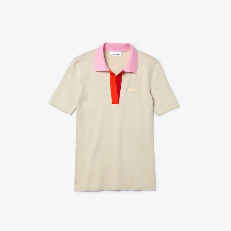 Lacoste Polo Collar Two-Tone Bomull Genser Beige Rosa Rød | Qe3t1Wka