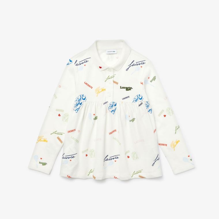 Lacoste Print Flounced Bomull Piqué Polo Shirt Hvite | urxVNiAn