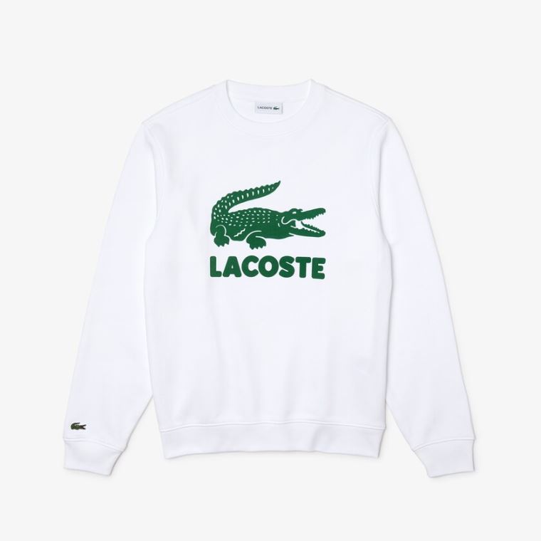 Lacoste Printed Logo Fleece Crew Neck Sweatshirt Hvite | jRcJj7UD