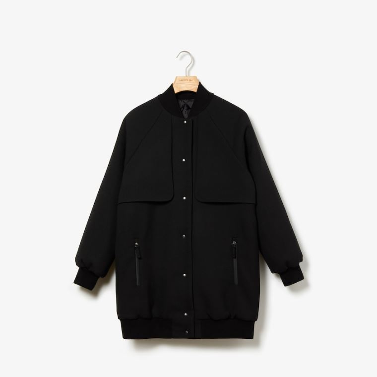 Lacoste Quilted Lining Long Wool Crepe Bomber Jacket Svarte | HGlhs0Pn