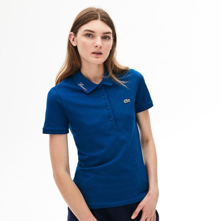 Lacoste Rainbow Script Collar Polo Blå | 3gjDEsUA