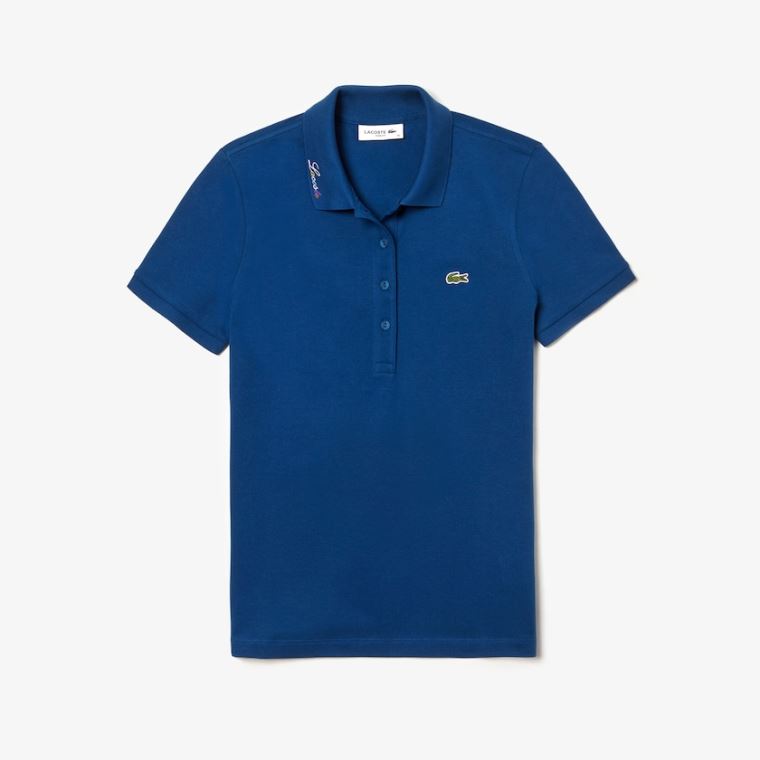 Lacoste Rainbow Script Collar Polo Blå | 3gjDEsUA