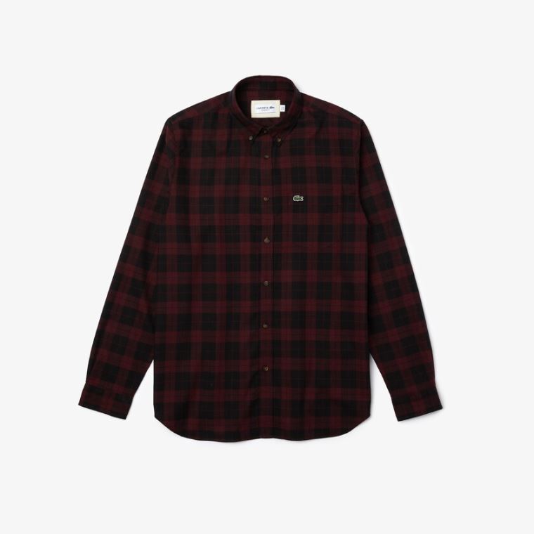 Lacoste Regular Fit Bomull Twill Checkered Shirt Svarte Burgunder | 1pK0lHCu