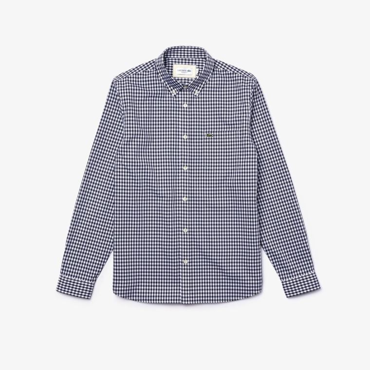 Lacoste Regular Fit Gingham Bomull Poplin Shirt Hvite Marineblå Blå | daGeWrz1