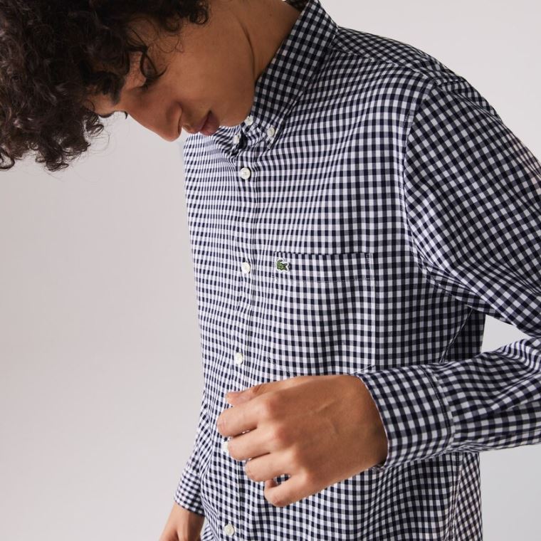 Lacoste Regular Fit Gingham Bomull Poplin Shirt Hvite Marineblå Blå | daGeWrz1