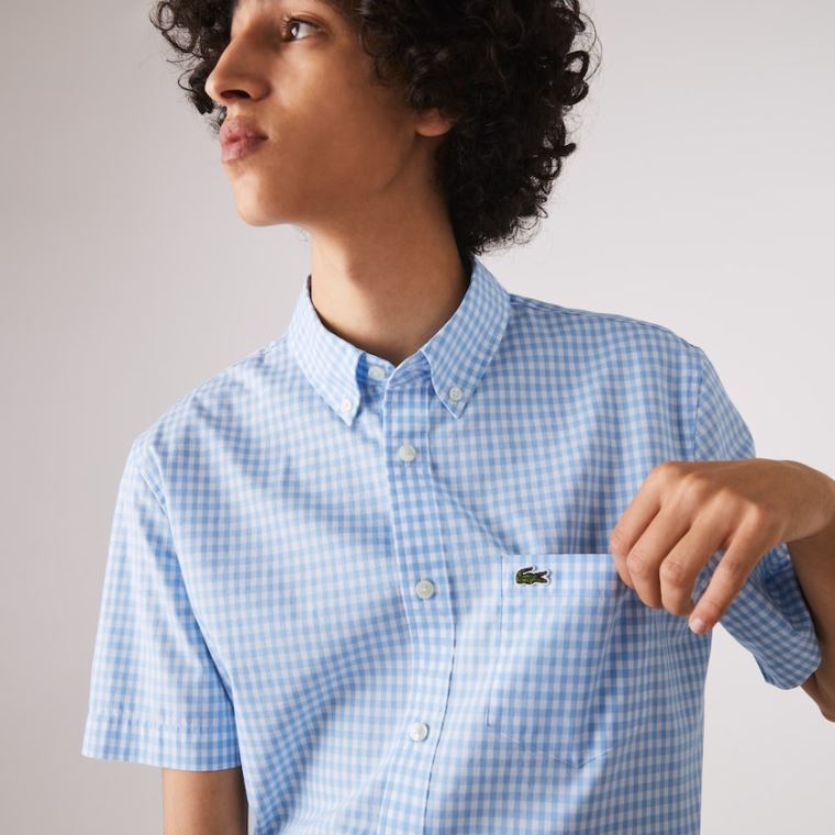 Lacoste Regular Fit Gingham Poplin Shirt Hvite Blå | 6vbz80U7