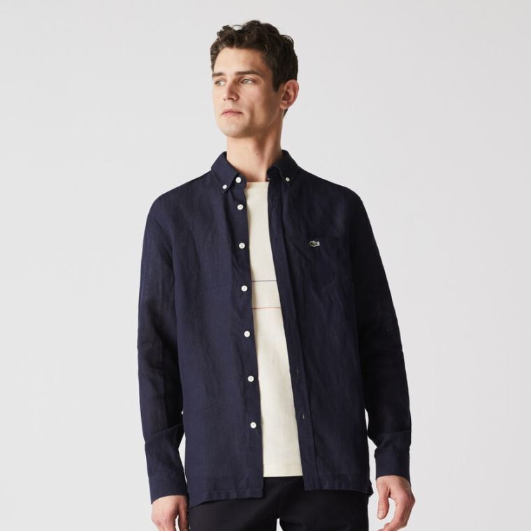 Lacoste Regular Fit Linen Shirt Marineblå Blå | fUce06A7