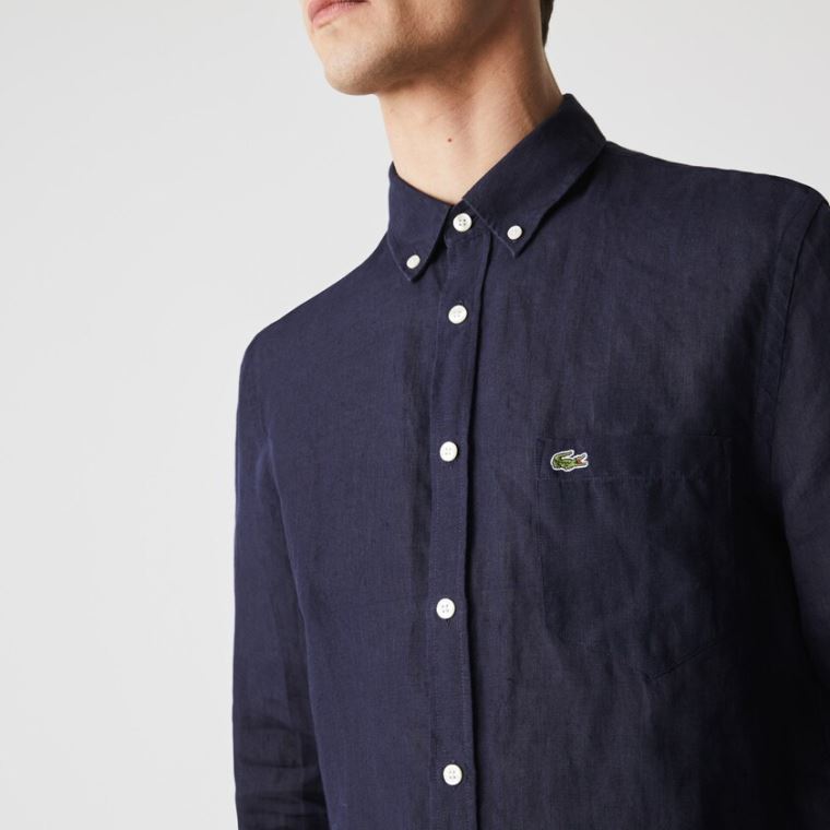 Lacoste Regular Fit Linen Shirt Marineblå Blå | fUce06A7