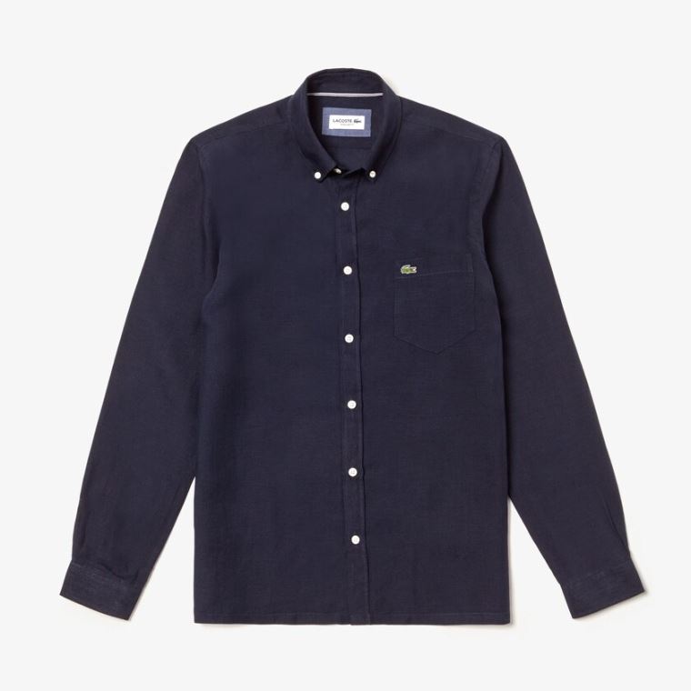 Lacoste Regular Fit Linen Shirt Marineblå Blå | fUce06A7