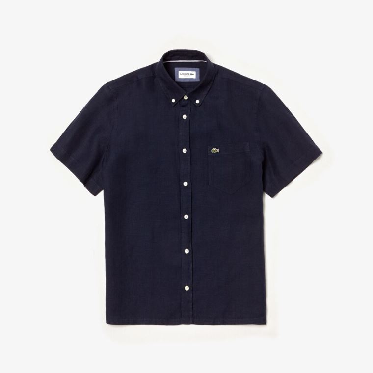 Lacoste Regular Fit Linen Shirt Marineblå Blå | hwITZMSh