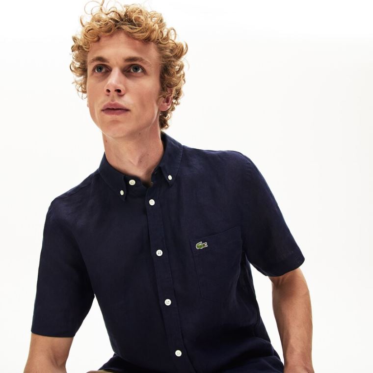 Lacoste Regular Fit Linen Shirt Marineblå Blå | hwITZMSh