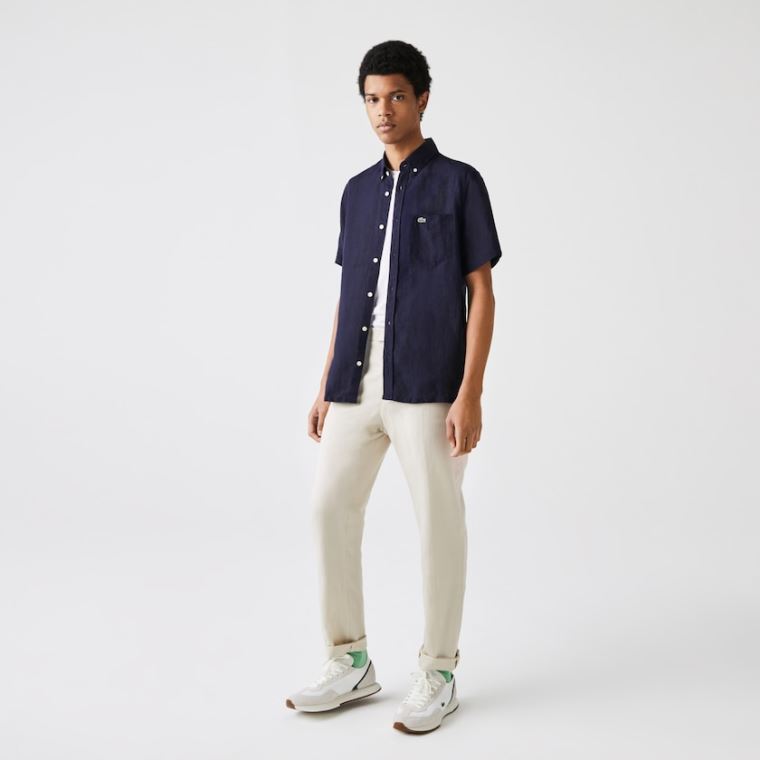 Lacoste Regular Fit Linen Shirt Marineblå Blå | hwITZMSh