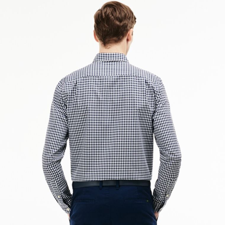 Lacoste Regular Fit Mini Check Poplin Shirt Marineblå Blå Hvite | sZbHFTaz