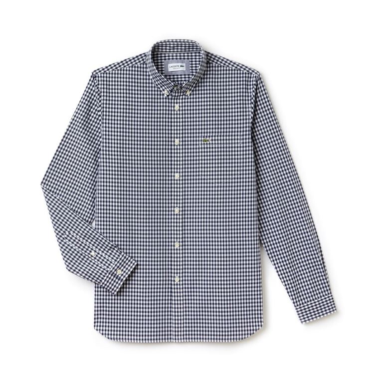 Lacoste Regular Fit Mini Check Poplin Shirt Marineblå Blå Hvite | sZbHFTaz