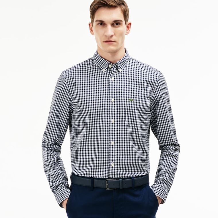 Lacoste Regular Fit Mini Check Poplin Shirt Marineblå Blå Hvite | sZbHFTaz