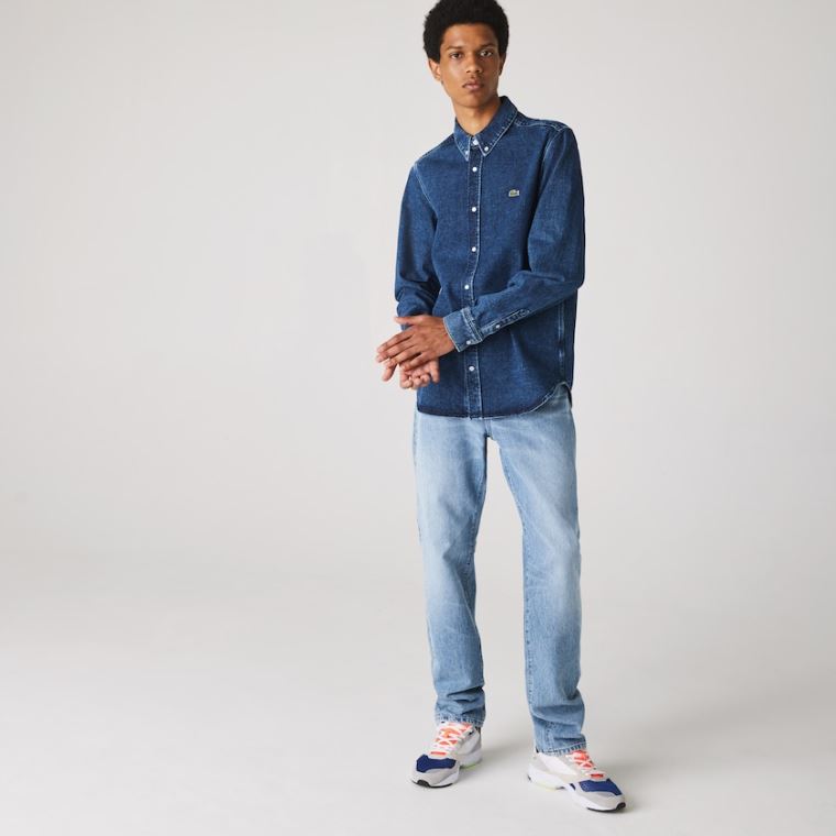 Lacoste Regular Fit Natural Bomull Denim Shirt Blå | YXT9gpd8