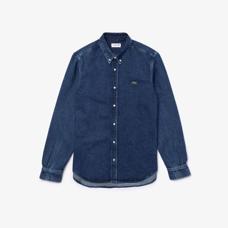 Lacoste Regular Fit Natural Bomull Denim Shirt Blå | YXT9gpd8