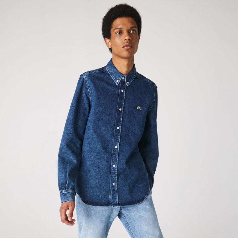 Lacoste Regular Fit Natural Bomull Denim Shirt Blå | YXT9gpd8