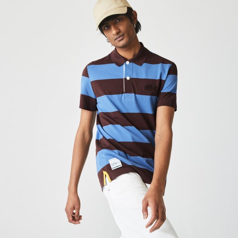 Lacoste Regular Fit Striped Bomull Piqué Polo Shirt Brune Blå | VntgjmK0