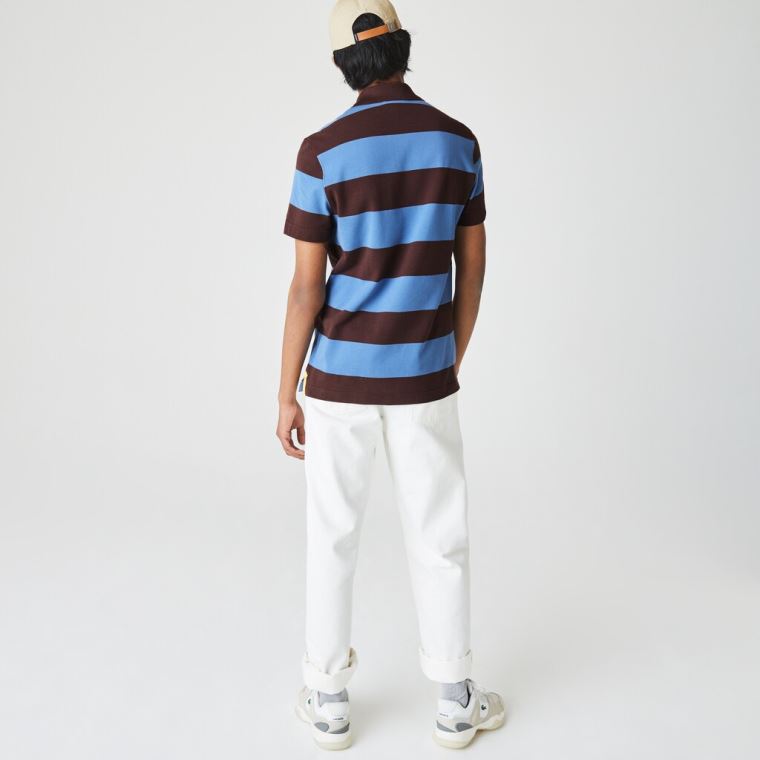 Lacoste Regular Fit Striped Bomull Piqué Polo Shirt Brune Blå | VntgjmK0