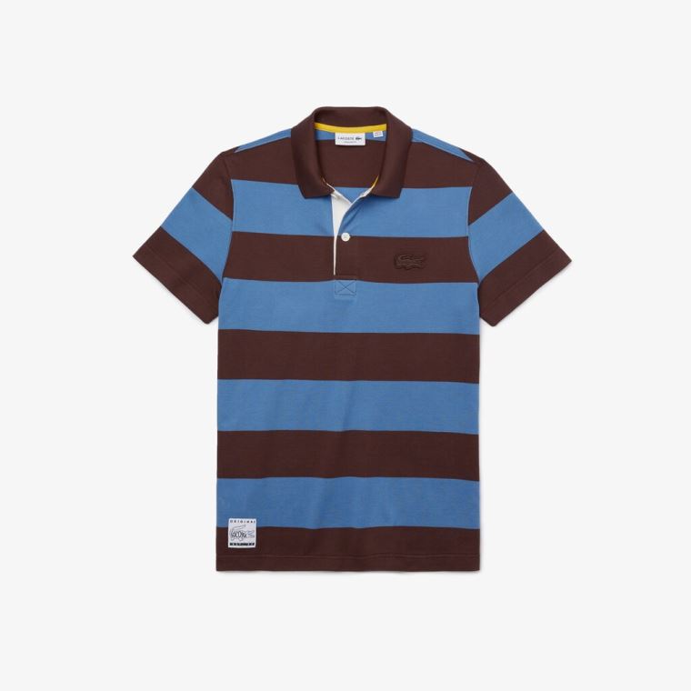 Lacoste Regular Fit Striped Bomull Piqué Polo Shirt Brune Blå | VntgjmK0