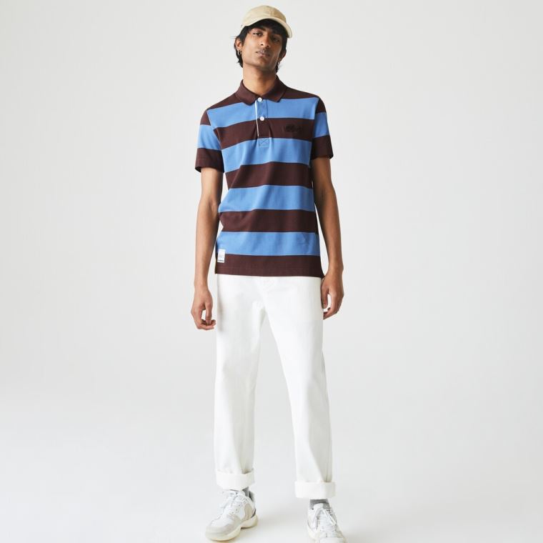 Lacoste Regular Fit Striped Bomull Piqué Polo Shirt Brune Blå | VntgjmK0