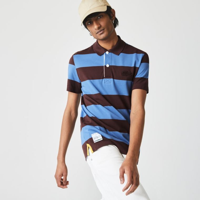 Lacoste Regular Fit Striped Bomull Piqué Polo Shirt Brune Blå | mAZTUF1Z