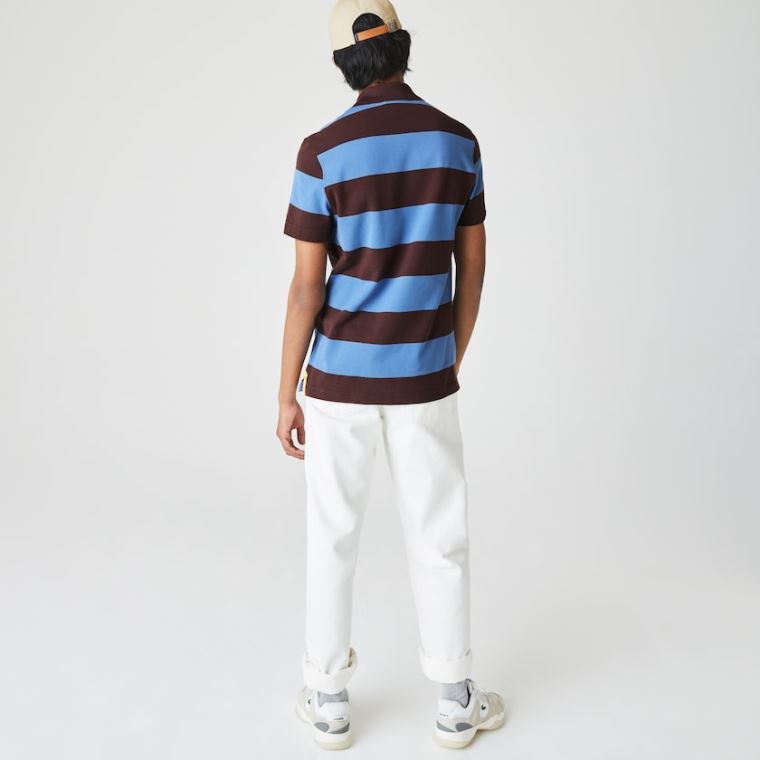 Lacoste Regular Fit Striped Bomull Piqué Polo Shirt Brune Blå | mAZTUF1Z