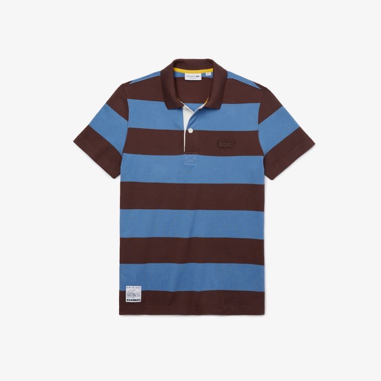 Lacoste Regular Fit Striped Bomull Piqué Polo Shirt Brune Blå | mAZTUF1Z