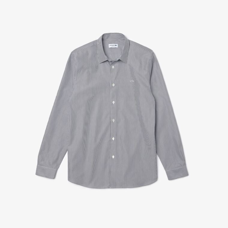 Lacoste Regular Fit Striped Bomull Poplin Shirt Hvite Svarte | lXZNAGKx