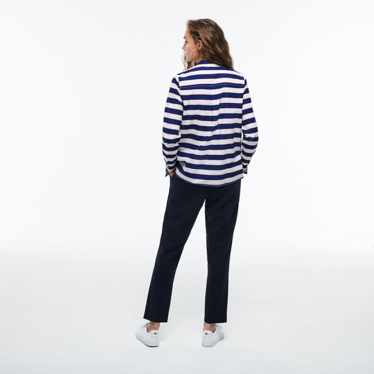 Lacoste Regular Fit Striped Bomull & Silk Voile Shirt Hvite Marineblå Blå Rød | M4q9OMnJ