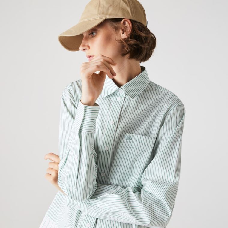 Lacoste Regular Fit Trompe-L'œil Bomull Poplin Shirt Hvite Grønn | dNfrq2Vr