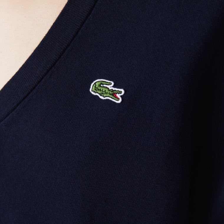 Lacoste Relaxed V-Neck Organic Bomull Genser Marineblå Blå | QemAoLOf