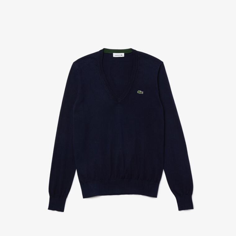 Lacoste Relaxed V-Neck Organic Bomull Genser Marineblå Blå | QemAoLOf