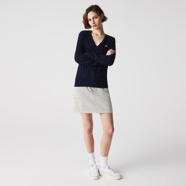 Lacoste Relaxed V-Neck Organic Bomull Genser Marineblå Blå | QemAoLOf