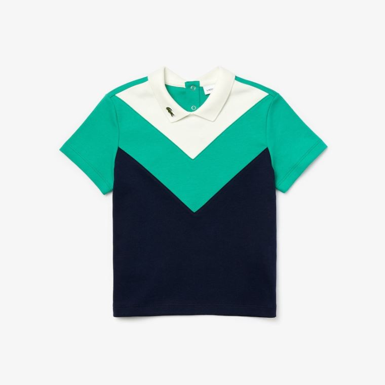 Lacoste Reverse Collar Colorblock Bomull Polo Shirt Hvite Grønn Marineblå Blå | o8UluWfW