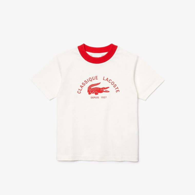 Lacoste Ringer Crewneck Lette Printed Bomull T-shirt Hvite Rød | xYwa0Nnv