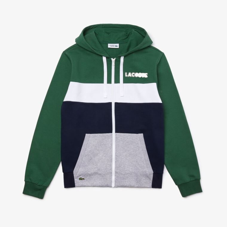 Lacoste SPORT Colourblock Fleece Zip Sweatshirt Grønn Marineblå Blå Grå Hvite | 3DyWmoTO