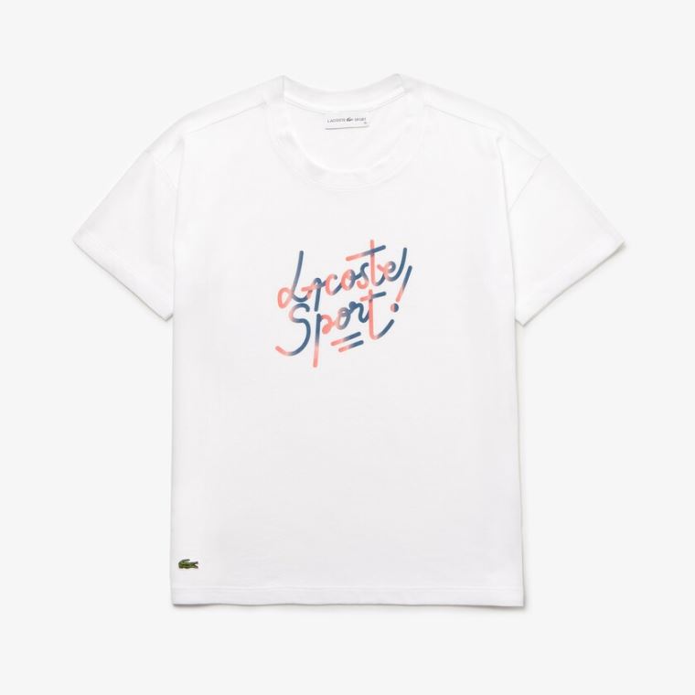 Lacoste SPORT Crew Neck Shaded Design Tennis T-shirt Hvite Rød Rosa Blå | KDpdsgIg