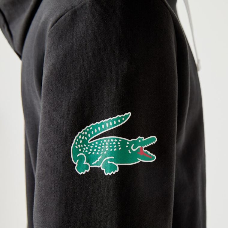 Lacoste SPORT Crocodile Print Hette Bomull Sweatshirt Svarte | WwvREDRK