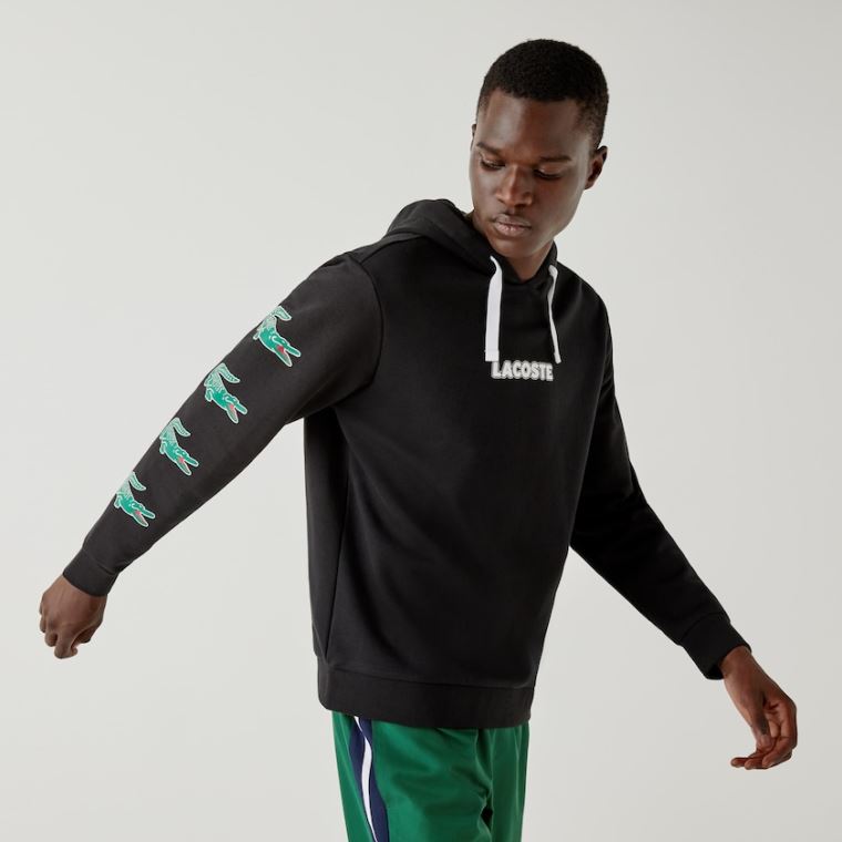 Lacoste SPORT Crocodile Print Hette Bomull Sweatshirt Svarte | WwvREDRK