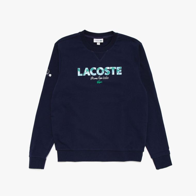 Lacoste SPORT Miami Open Print Fleece Sweatshirt Marineblå Blå Hvite | 60gxAyBX