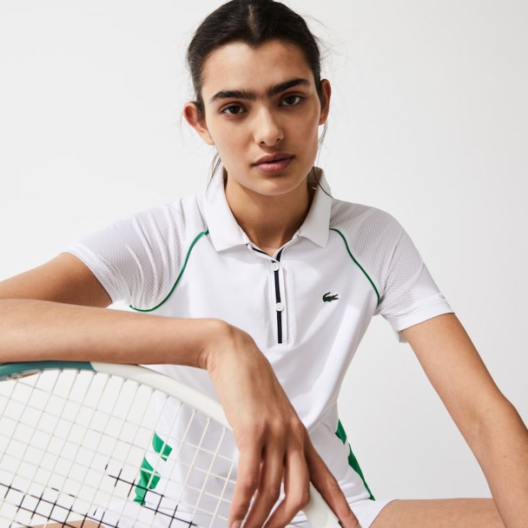 Lacoste SPORT Mixed-Matterial Pustende Stretch Tennis Polo Hvite Grønn Marineblå Blå | bmE3S9YQ